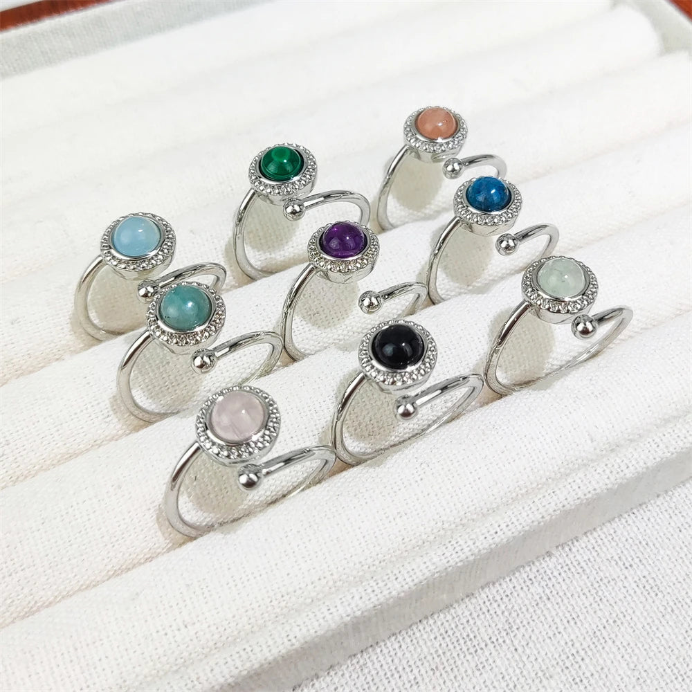 Adjustable Women's Natural Stone Ring Colorful Black Obsidian Amethyst Sunstone Rose Quartz Delicate Silver Bezel Setting Inlay