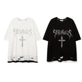 Customized Logo High Street Letter Rhinestone Ironed Drill Loose Casual Collar Oversize Broken Hole Men's T Shirt