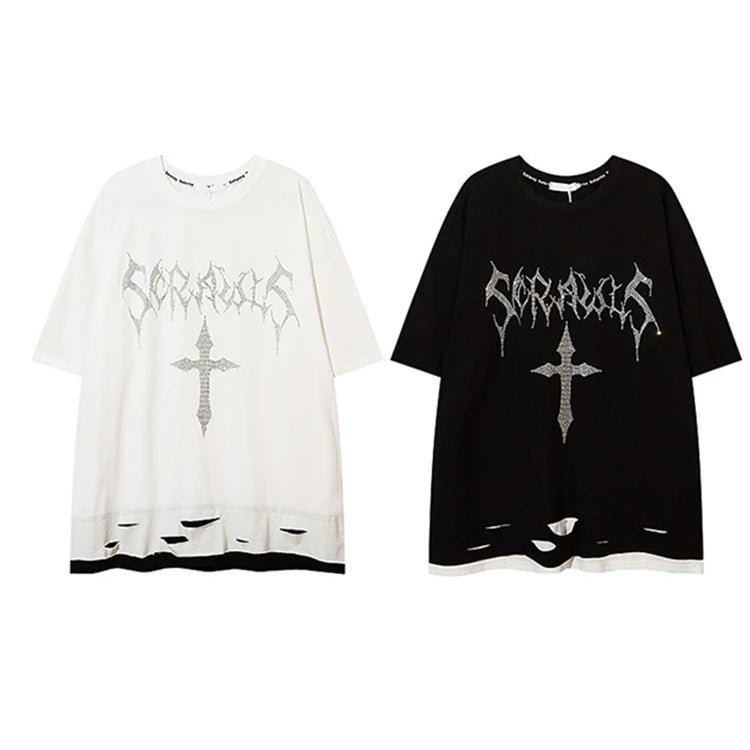 Customized Logo High Street Letter Rhinestone Ironed Drill Loose Casual Collar Oversize Broken Hole Men's T Shirt