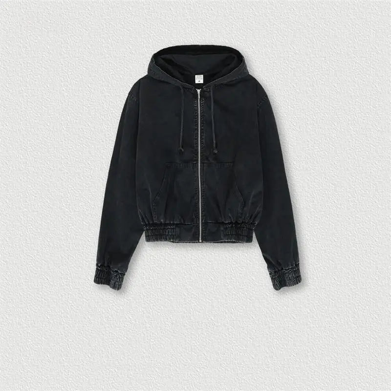 Custom Logo Winter Vintage Terry 400gsm Drop Shoulder Cropped Acid Wash Full Zip up Oversized Hoodie for Women