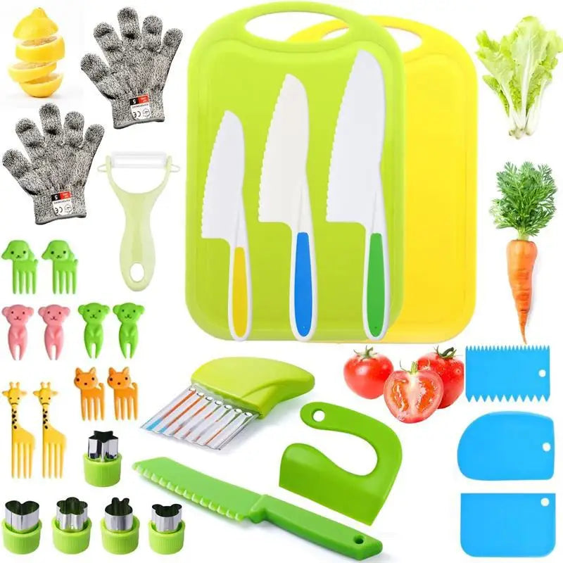 29-Piece Children's Plastic Fruit Knife Set Serrated Bear Sanji Mold Safe for Hands Cooking Tool Set
