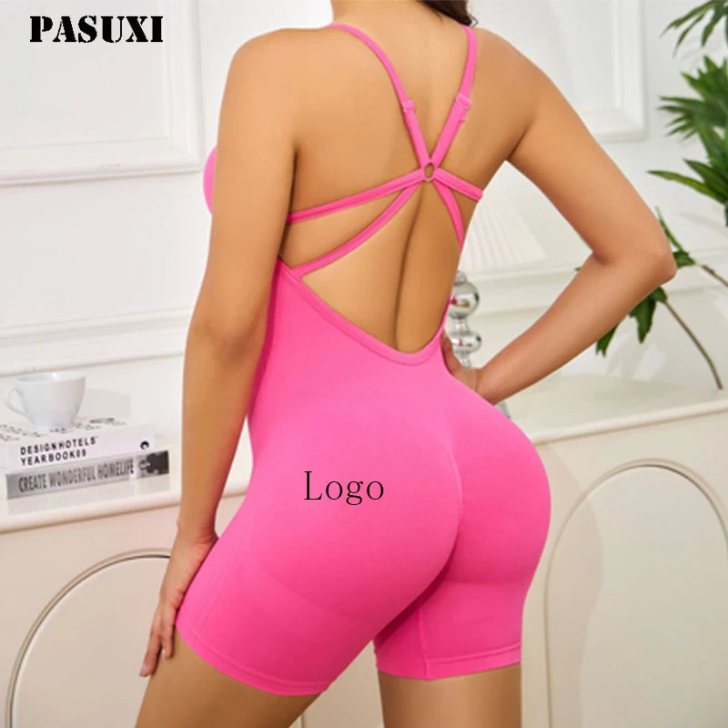 PASUXI Women One Piece Shorts Set Seamless Yoga Jumpsuit High Elasticity Butt Lifting Fitness Backless Gym Clothes