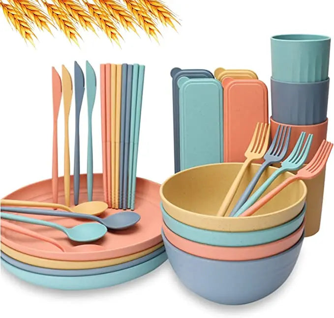 BPA Free Wheat Straw Cutlery Flatware Sets Premium Dinnerware Plates Cups and Bowls Eco-Friendly and Stylish
