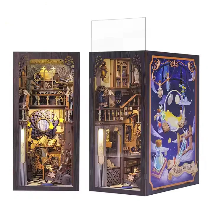Cutebee 3D Wooden Dust-proof Bookend Suit Magic Dollhouse Book Nook Miniature Bookshelf with LED Touch Light and Dust Cover