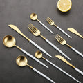 New Style Disposable Gold Flatware Set with White Handle Stainless Steel Knife Fork Spoon for Party Use