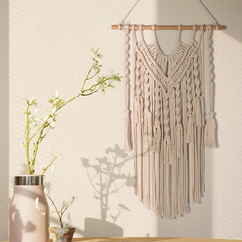 Tapestry Woven Wall Decor Cotton Tassel Macrame Curtain Beige Chic Bohemian Wall Art for Home