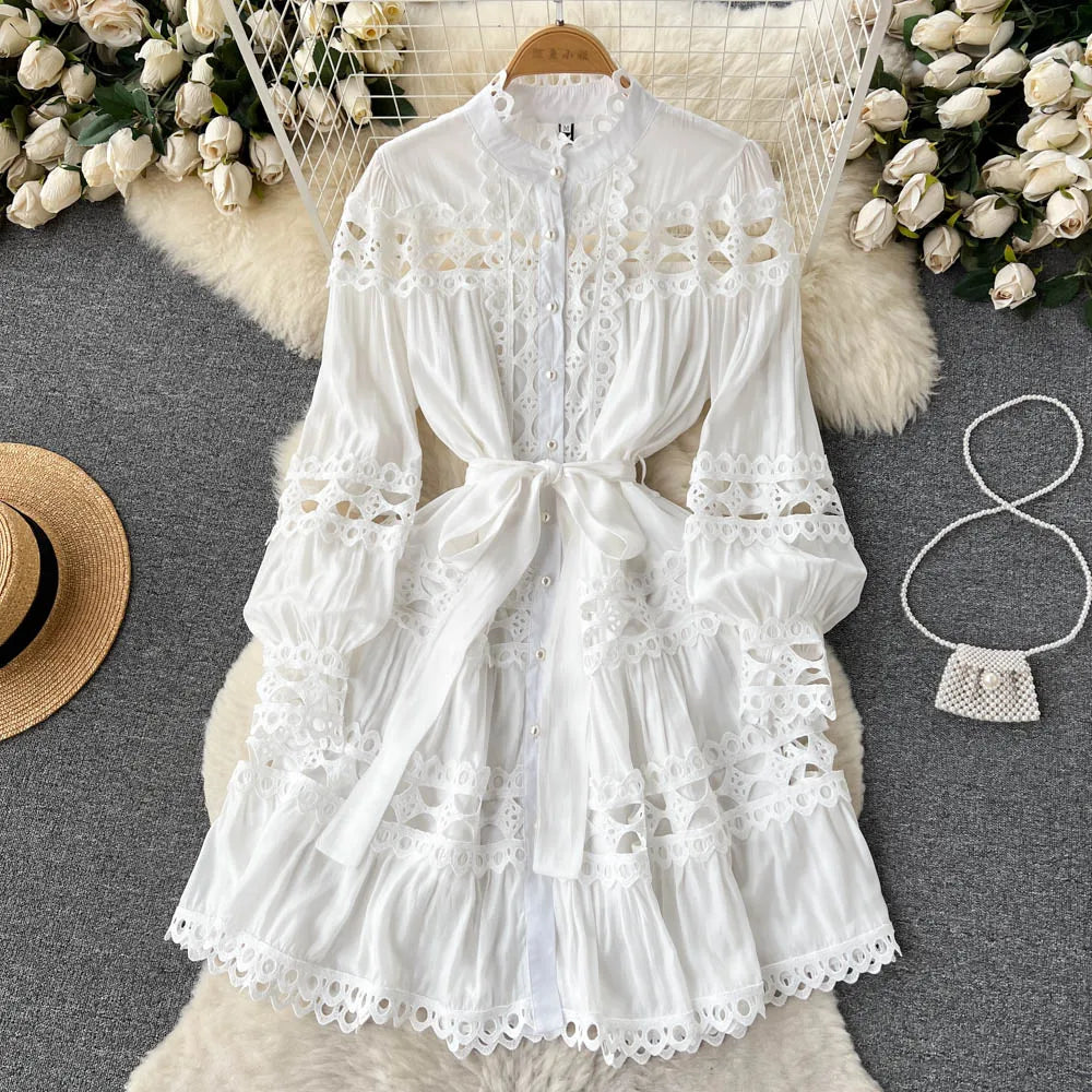 Spring Full Sleeve Stand Collar Lace Casual Dress Women High Waist Lace Midi A-Line Dress Ladies Elegant Dresses Clothes Women