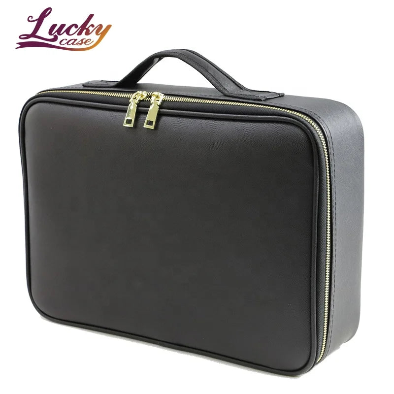 Professional Fashion Large Capacity Cosmetic Case with Adjustable Dividers Zipper Closure PU Material Luxury Vanity Bag Mirror