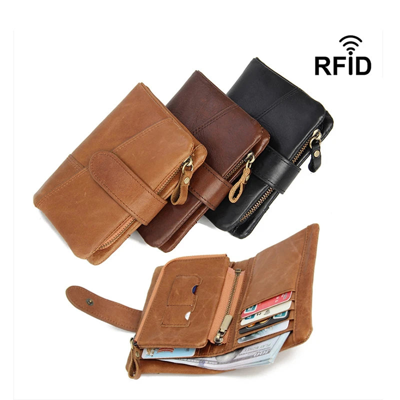 Crazy Horse Leather Short Open Wallet Fashionable RFID Protected with Detachable Coin Pocket