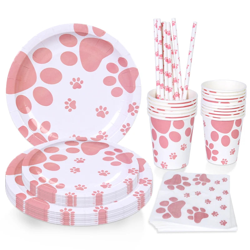 Dalmatian Dog Paw Print Tableware Set Paper Plates & Birthday Party Decorations for Animal Puppy Paws Print Parties