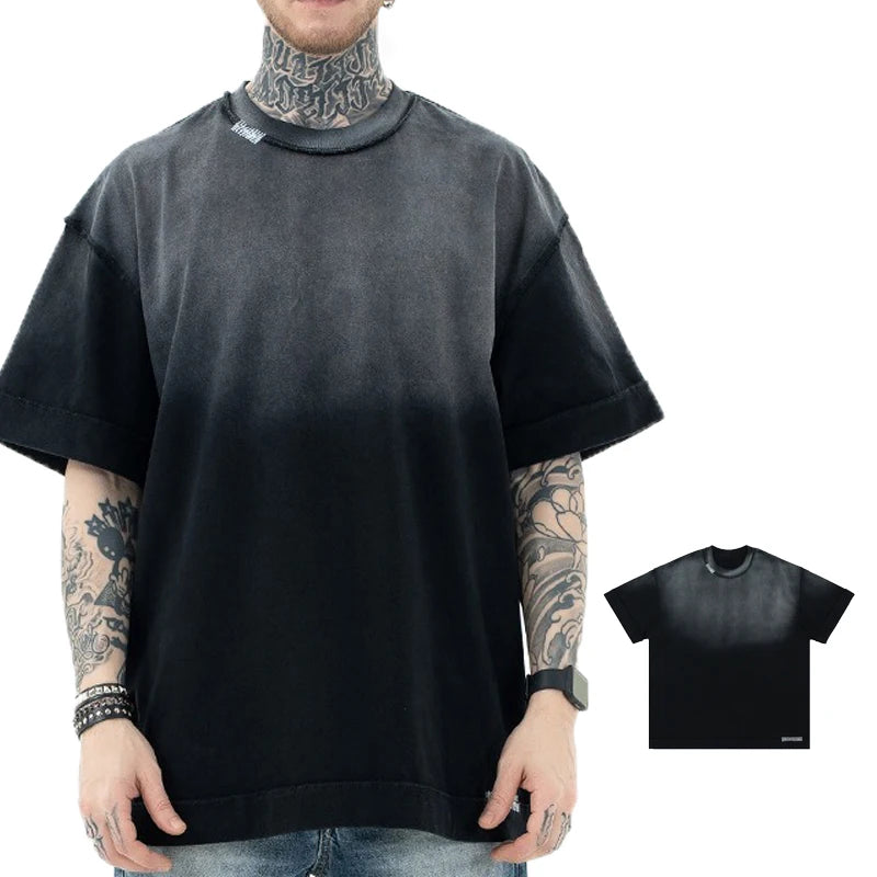 High Quality Custom Men's Tee 100% Cotton 280gsm Acid Wash Distressed Solid Pattern T-Shirt with Knitted Sleeve