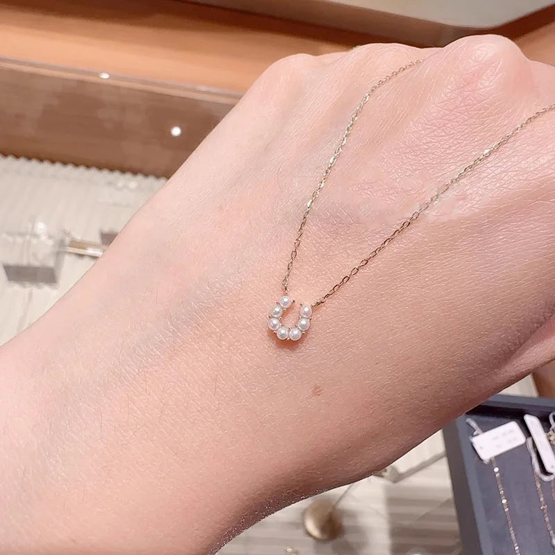 Retro Light Luxury S925 Silver Plated 14k Gold Horseshoe U-shaped Pearl Necklace Clavicular Chain