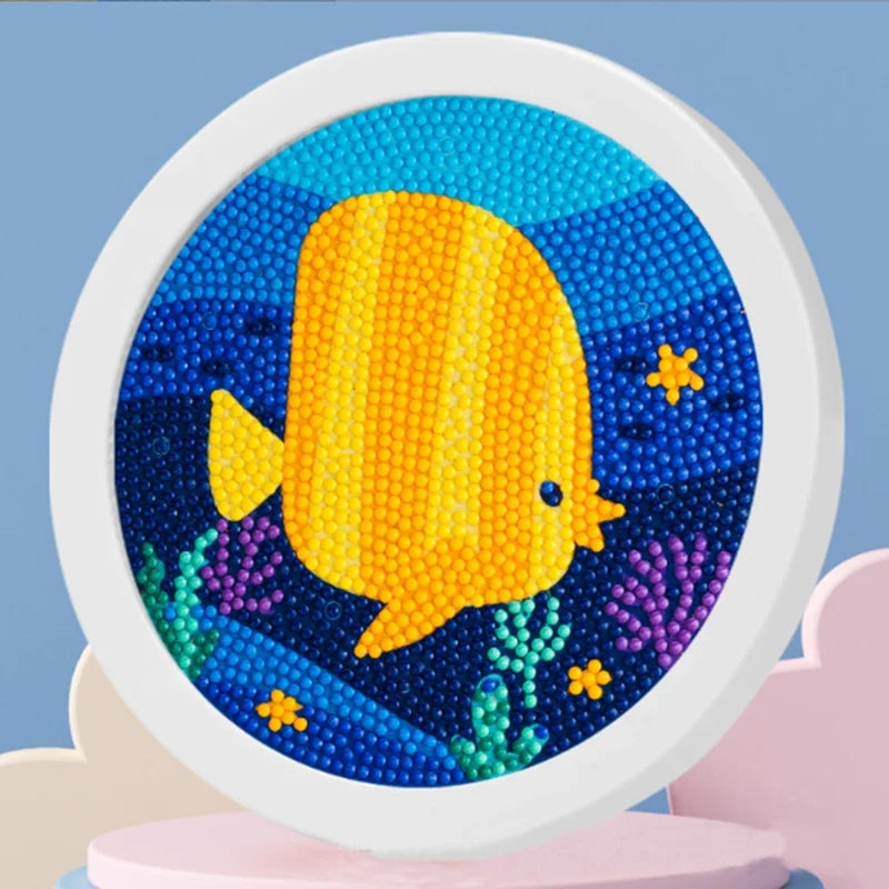Round Framed Cartoon Sea Fish Diamond Painting Kit for Kids Diy Mosaic Dots Framed Art Painting Kit