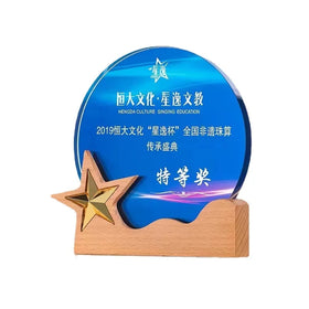 Gold Metal Star Personalized Circle Plaque Crystal Trophy with Wooden Base MH-NJ0356