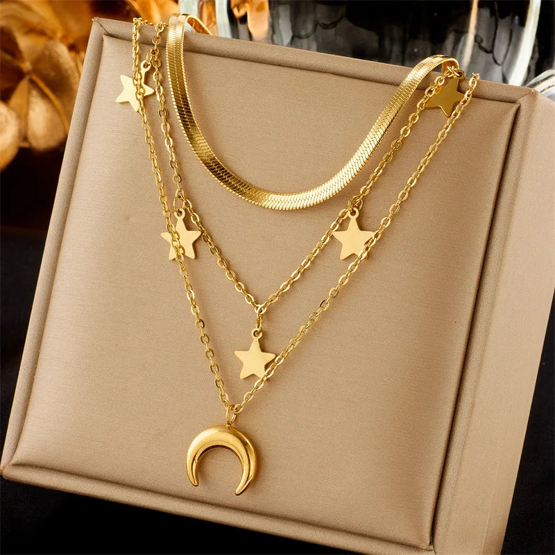2025 Trendy Moon Star Multilayer Charm Necklace 18K Gold Plated Stainless Steel Pendant Necklace Waterproof Jewelry for Women