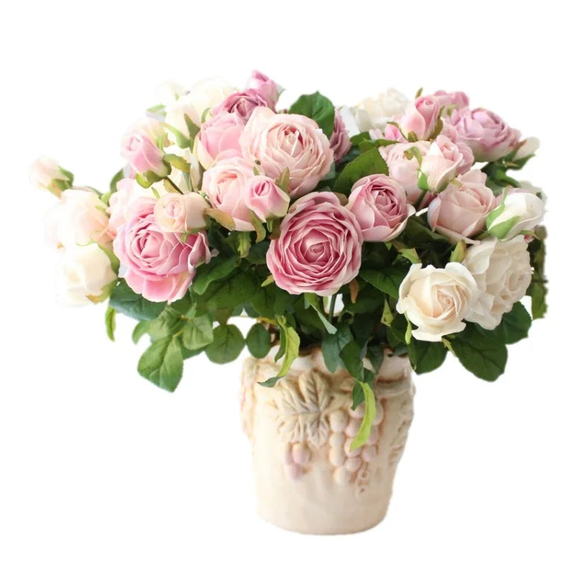 43cm Artificial Cheap Flower Bouquet 3 Flowers Head Artificial Roses White Silk Fake Roses for Valentine's Day