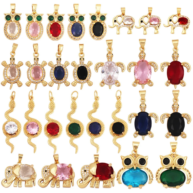 Fashion Snake Elephant Owl Tortoise Animal Jewelry Findings18k Gold Inlaid Rainbow Zirconia Charm Necklace Pendant Supply L39
