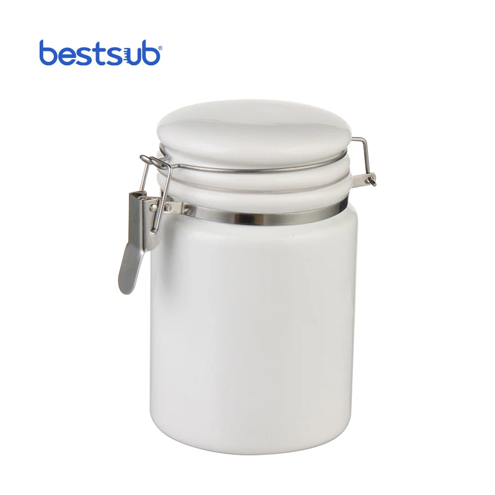 BestSub Custom 14oz White Ceramic Storage Jar Wholesale Kitchen Blanks with Bale Closure for Sublimation Food Storage Container