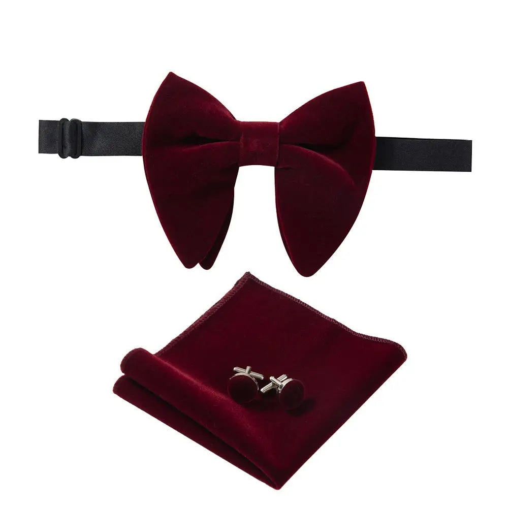 Velvet Big Bowties for Man Solid Handkerchief Cufflinks Bow Tie Set Red Yellow Men's Neck Ties for Wedding