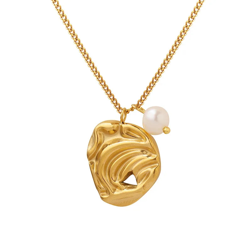 Women's 18K Gold Plated Stainless Steel Jewelry Natural Freshwater Pearls Irregular Geometry Texture Pendant Anniversaries