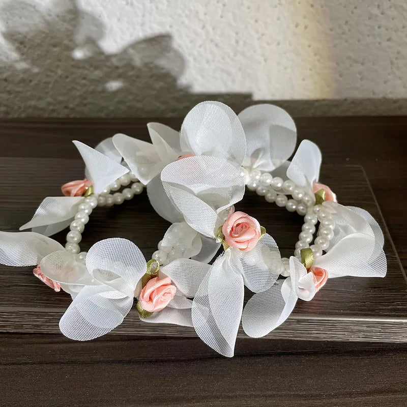 Elegant Summer Sweet Jasmine Flower Pearl Hair Ties Elegant Ribbon Women's Floral Hair Scrunchies with Pearl