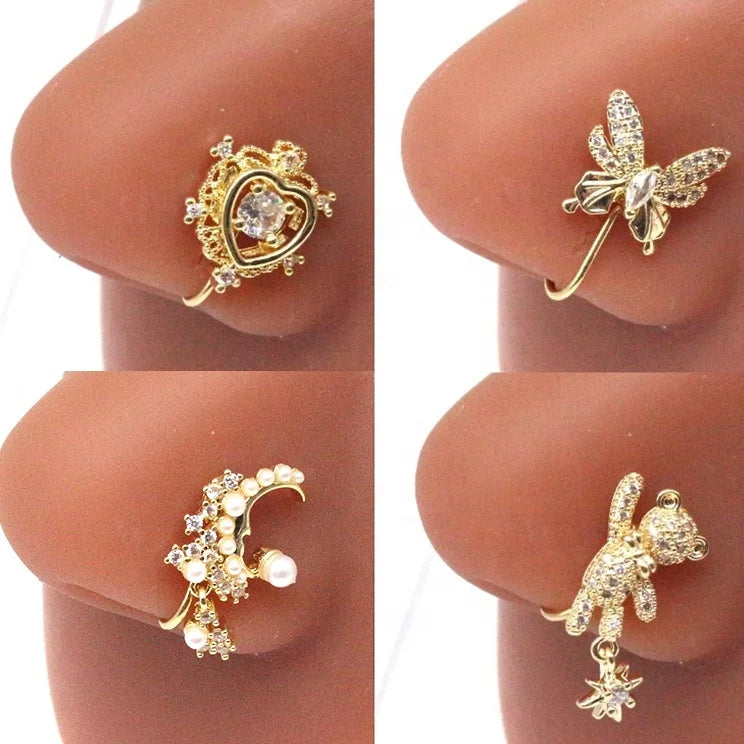 Gaby New Gold Dangle Nose Cuff Bulk Nose Clip butterfly Bear Fake Piercing Non Piercing Luxury Fake Nose Ring Body Jewelry