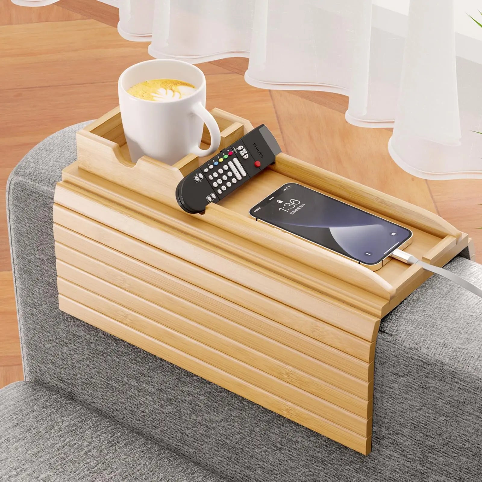 Bamboo Sofa Arm Tray Couch Platters with Detachable Cup Holder Tray Anti-Slip Foldable Sofa Table Board Cup Holder Wood Trays