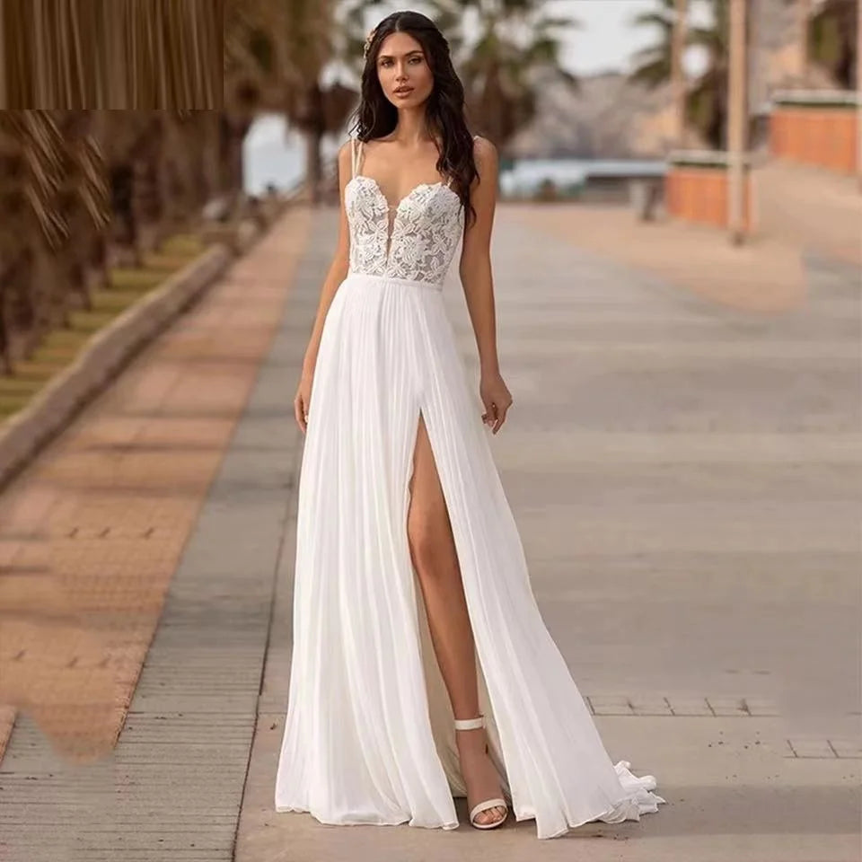 13550#Spaghetti Strap Sweetheart Backless A-Line Sleeveless Pleated Chiffon Lace Appliques Ruched Sexy Wedding Dress Bridal Gown