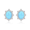 Vintage Inspired 925 Sterling Silver Blue Opal Stud Earrings Halo Zircon Accents Elegant Floral Gemstone Jewelry Women