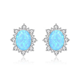 Vintage Inspired 925 Sterling Silver Blue Opal Stud Earrings Halo Zircon Accents Elegant Floral Gemstone Jewelry Women