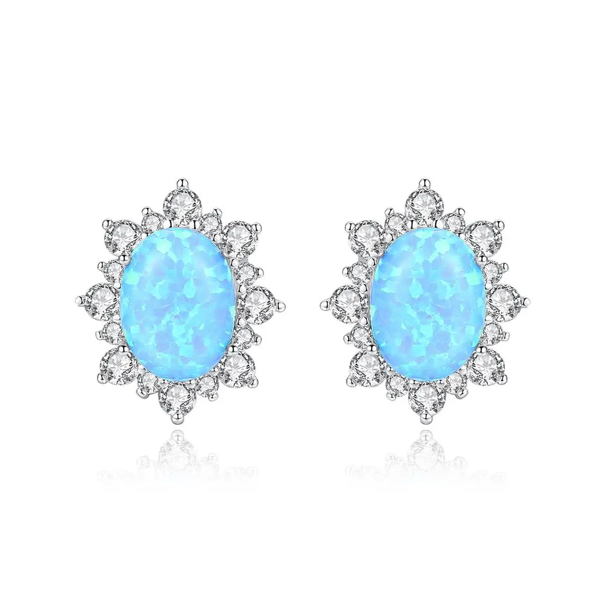 Vintage Inspired 925 Sterling Silver Blue Opal Stud Earrings Halo Zircon Accents Elegant Floral Gemstone Jewelry Women