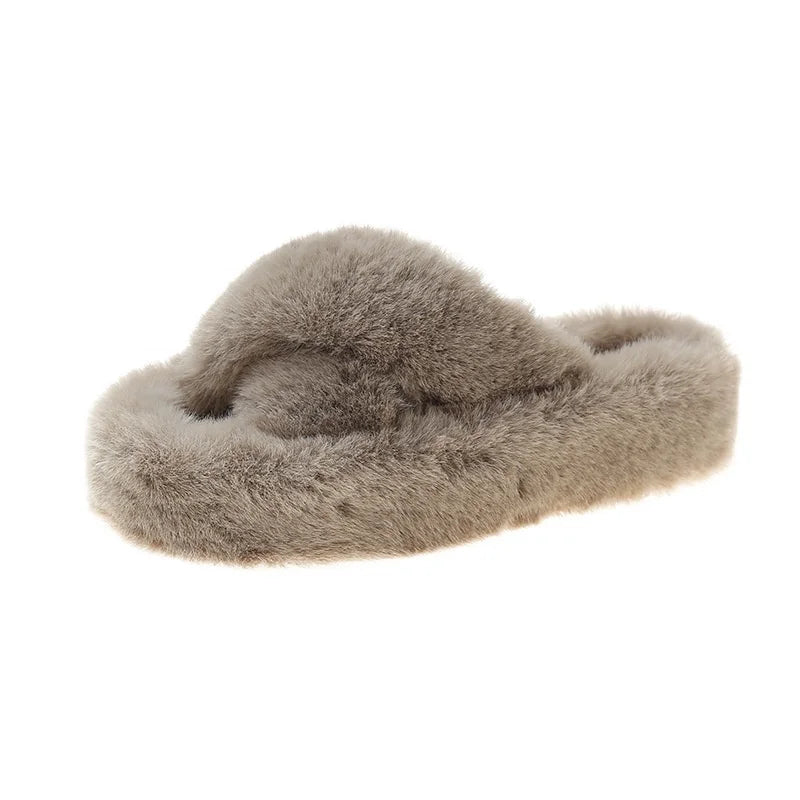 Women's Stylish Hot-Selling Thick Bottom Real Fuzzy Fur Slides Fluffy Flip Flops for Autumn Spring Winter House Warm Slippers