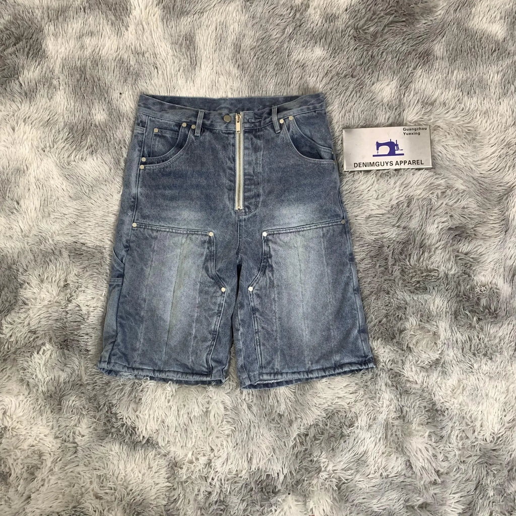 DENIMGUYS Streetwear Patchwork Jorts Baggy Men Double Knee Carpenter Denim Shorts Jeans Short Pants Men