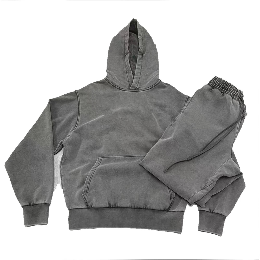 KY 100%cotton BAGGY Black Fade Retro Men Co-ord Oversized Stone Acid Long Sleeve Washed Hoodies and Pants Track Suits