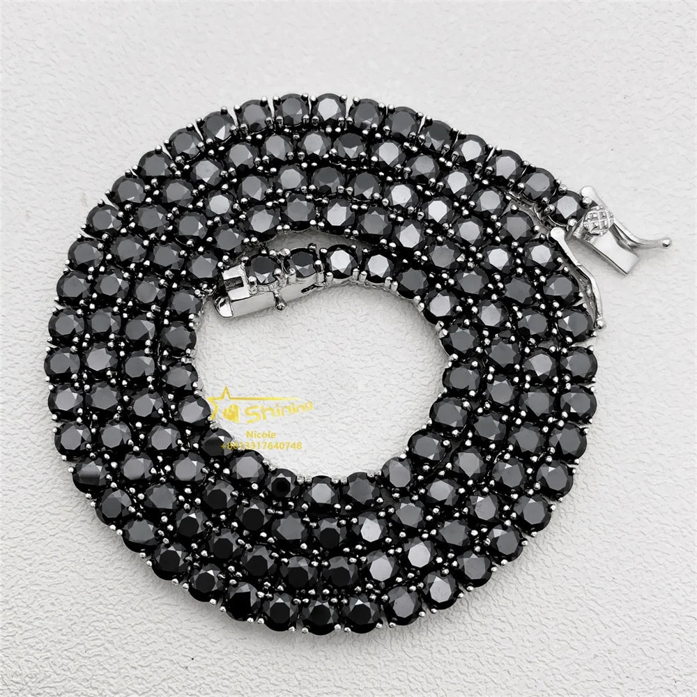 Pass Diamond Tester Gra Certificate 925 Sterling Silver Hip Hop Necklace 3mm 4mm Black Moissanite Tennis Chain