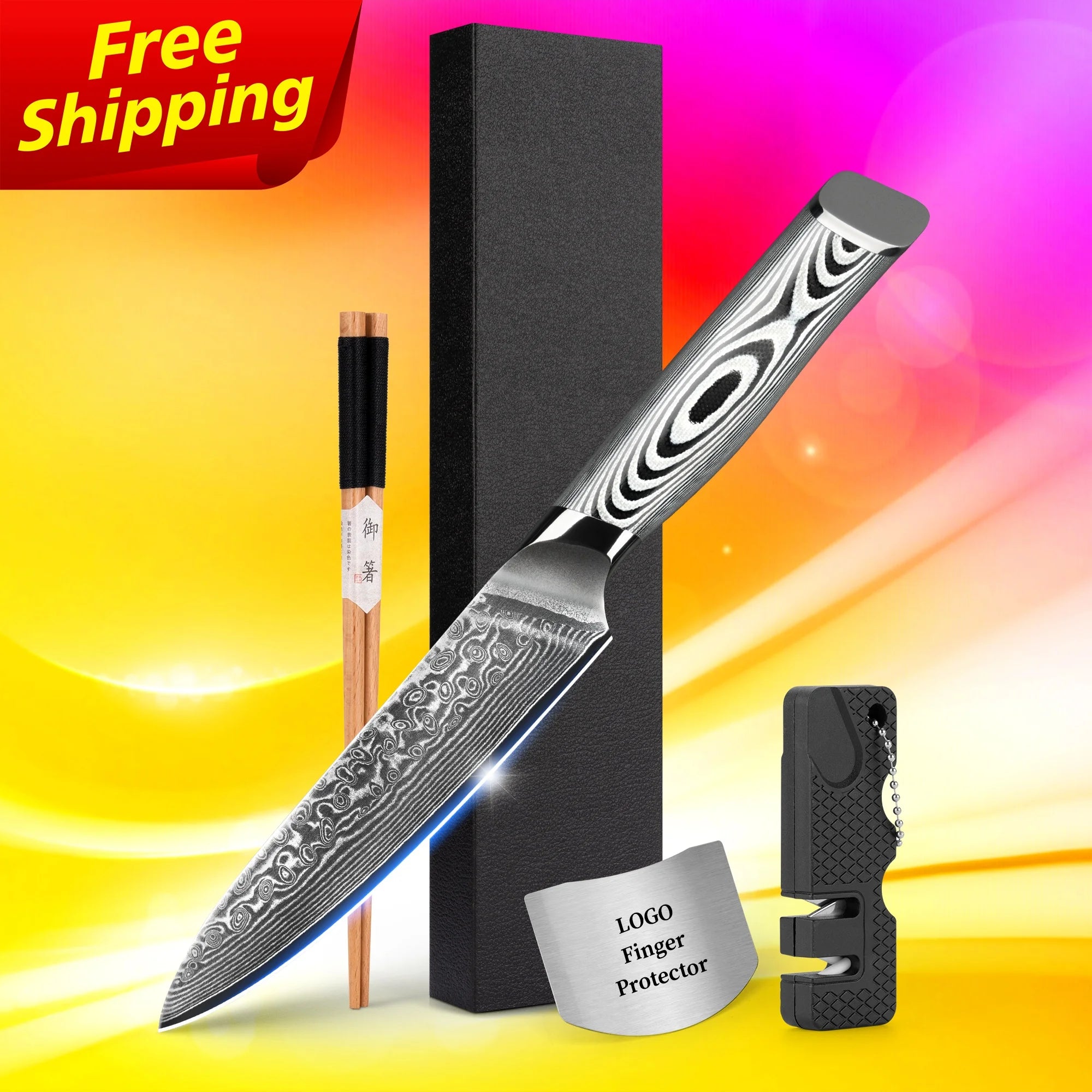 Free Shipping SkyCook 5 Inch Damascus Steel Chef Bread Carving Steak Vegetable Knife with Grey G10 Handle Free logo