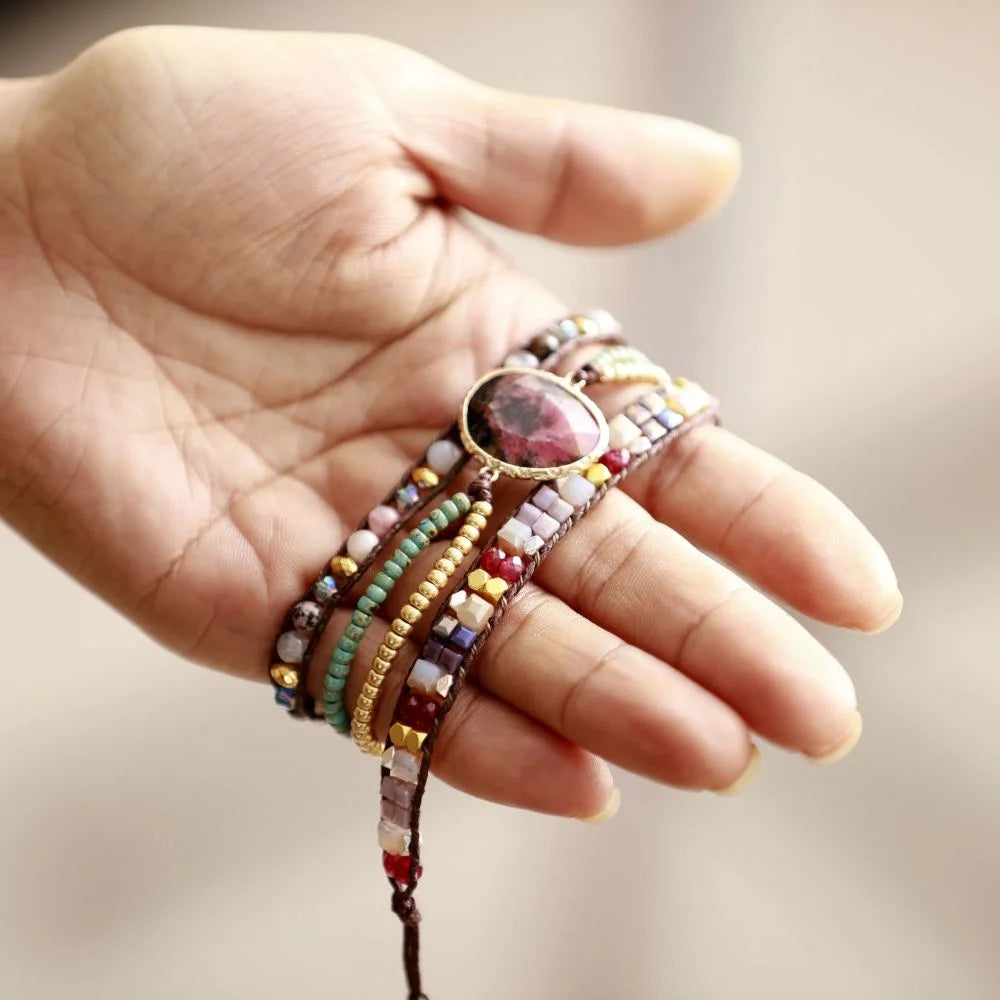 SL Custom Wrap Bracelets Rhodonite Charm Seed Beads Fashionable Fabric Bracelet Bangles