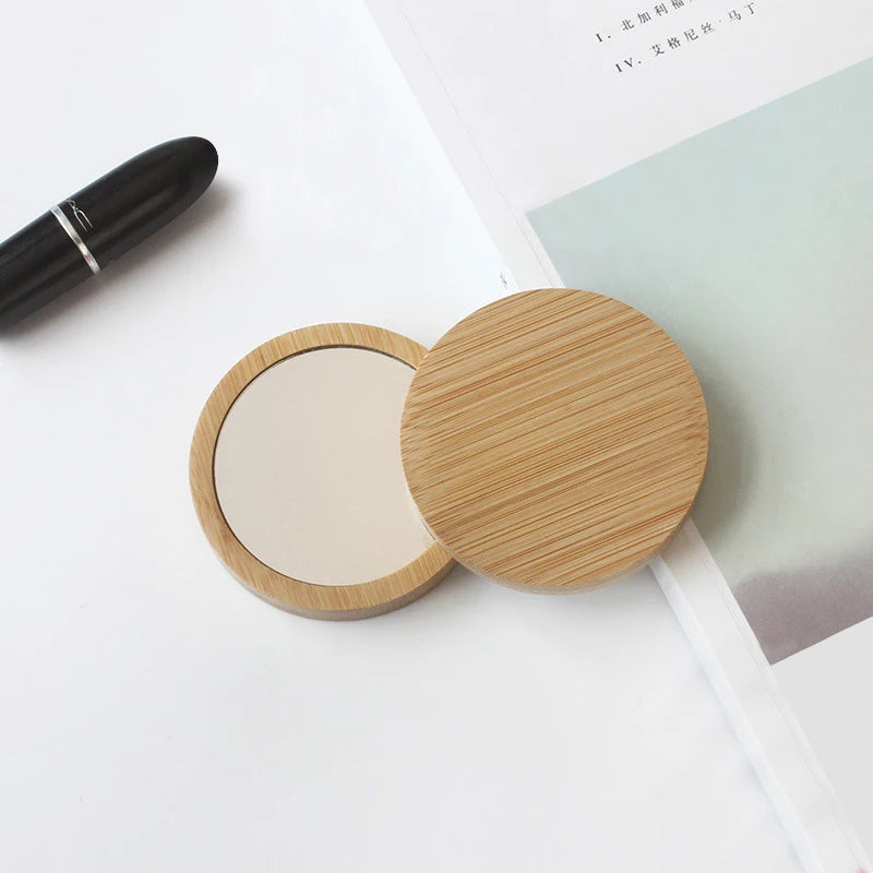 2025 Cosmetic Product Portable Private Logo Mini Small Round Fashion Wooden Bamboo Wood Custom Engraved Pocket Mirror