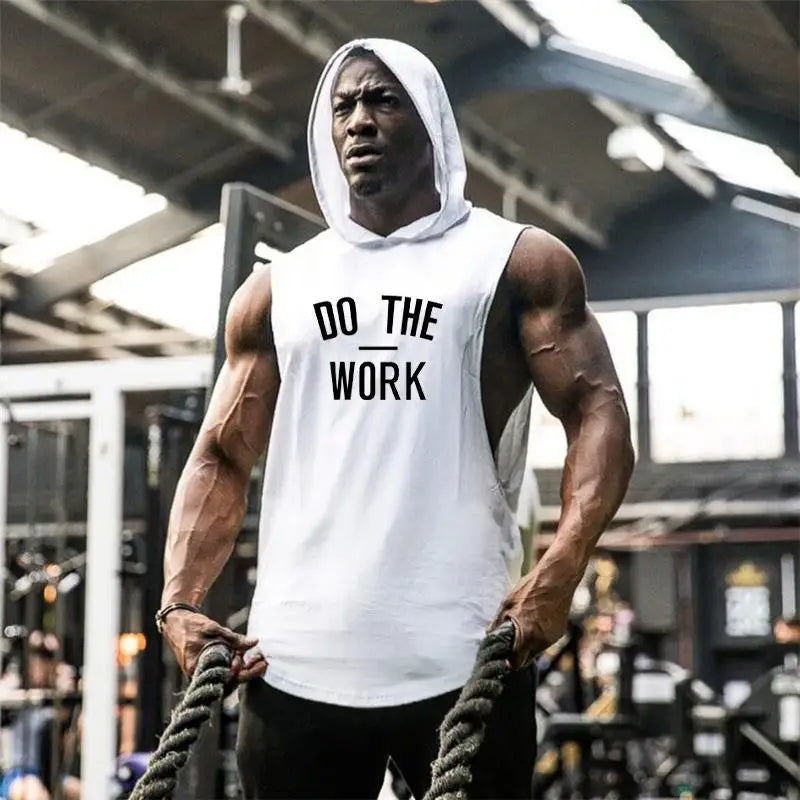 Men's Sporty Workout Hooded Tank Tops 100% Cotton Gym Hoodies Muscle Cut T Shirt Breathable Knitted Sleeveless Bodybuilding Tops