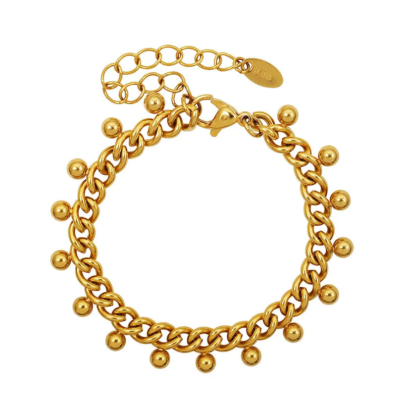 Hip Hop Style Stainless Steel Jewelry Waterproof Gold Round Ball Cuban Wide Chain Bracelet for Women