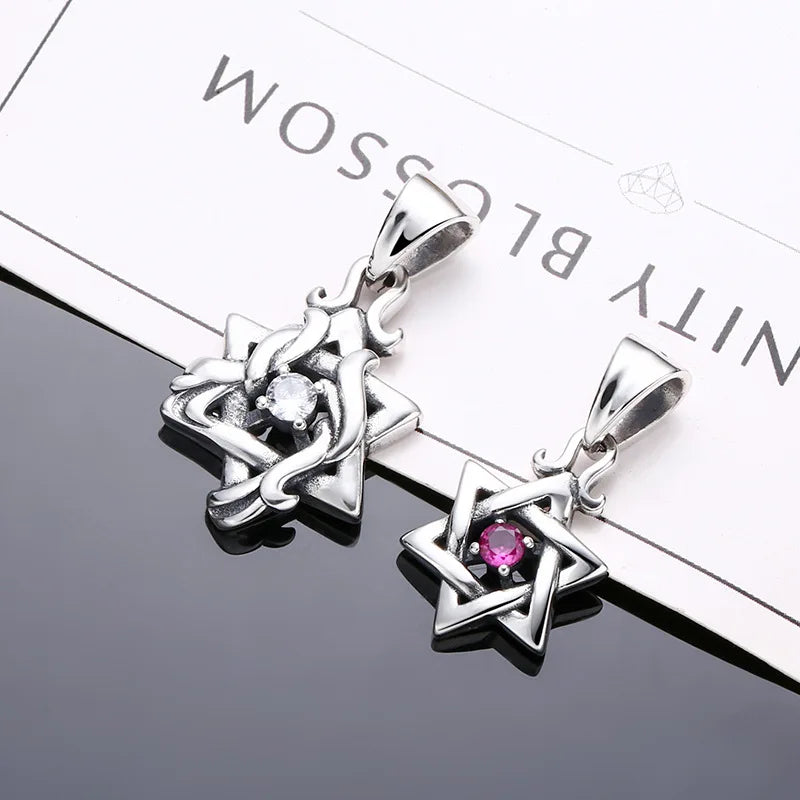 Retro 925 Sterling Silver Red Zircon Hollow Hexagram Charm Pendant for Bracelet Necklace Making Accessories