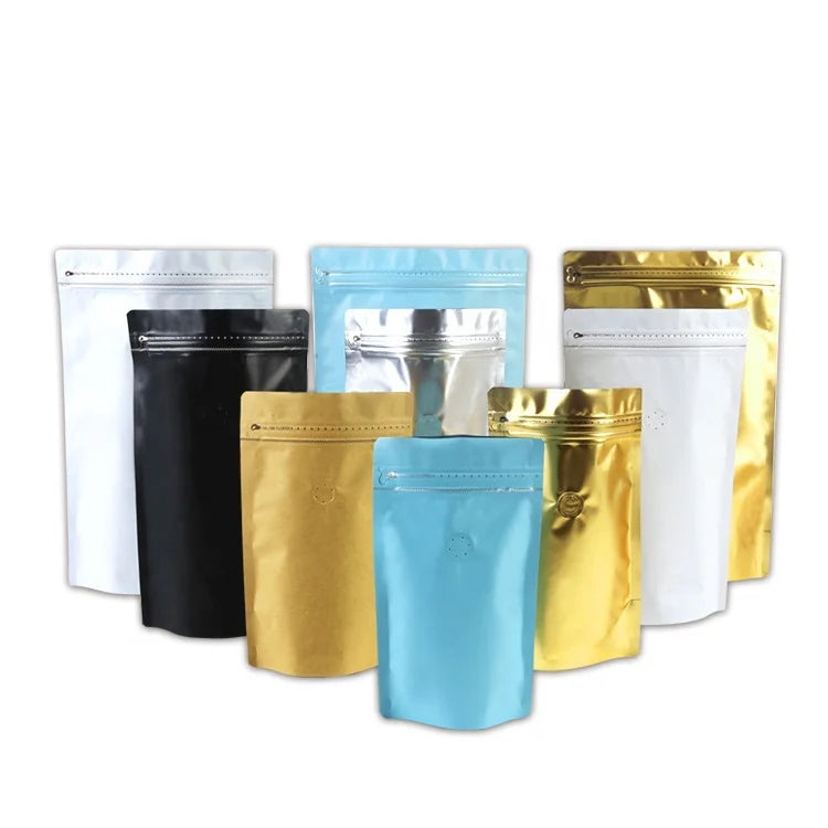 500g 1LB Custom Flat Bottom Gold Brown Kraft Paper Aluminium Foil Stand up Pouch Coffee Bag With Valve and Zipper