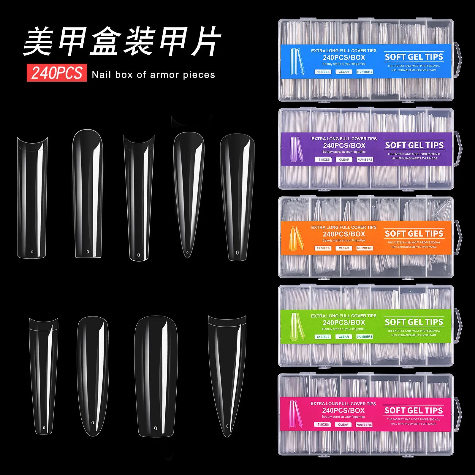 Half Cover No Trace Artificial Fingernails Acrylic Nail Tips Clear 240Pcs Full Cover False for Manicure DIY Nails Art Salon