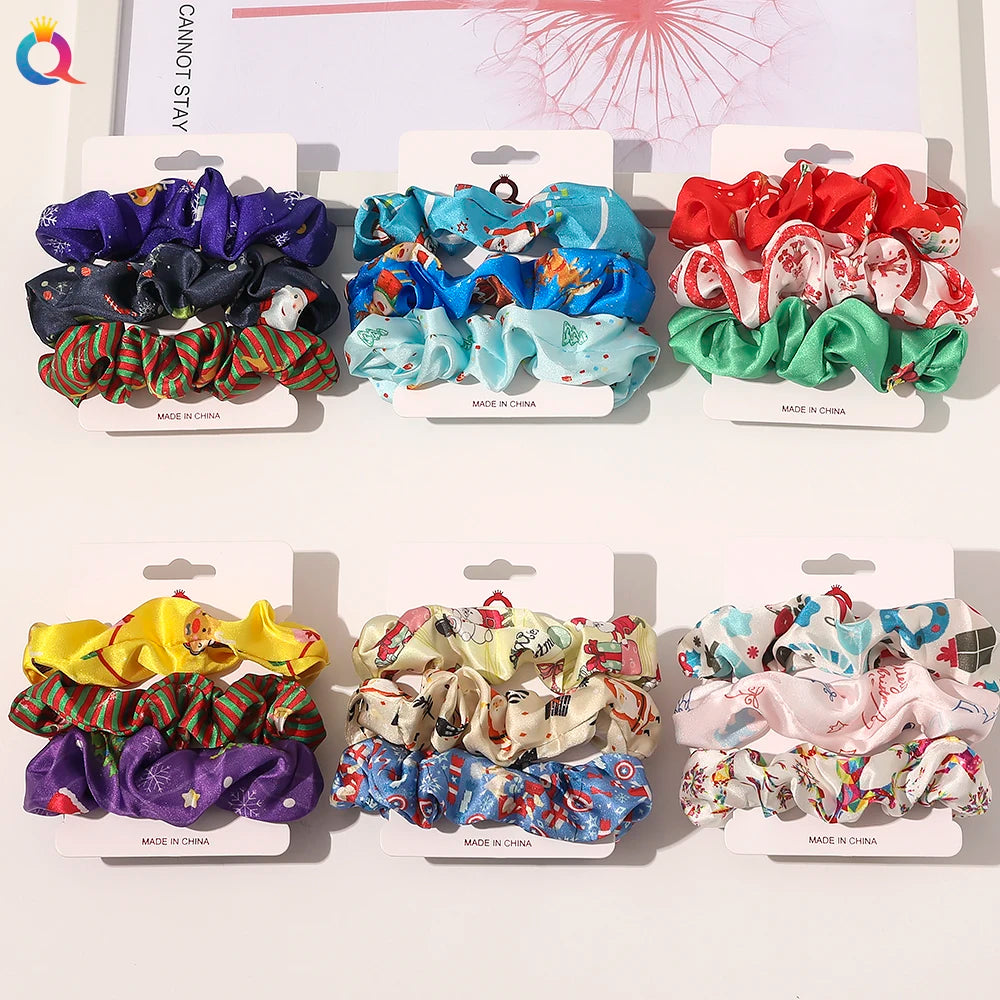 QIYUE 3-Pcs/set Festival Hair Accessories Women's Fashion Christmas Hair Scrunchies Cloth Set Gift for Girls