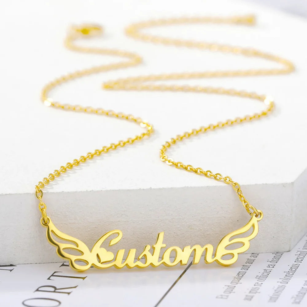 NEWNORTH Custom Name Necklace Stainless Steel Jewelry Personalized Custom Engraved Angel Wing Name Pendant Necklace For Women