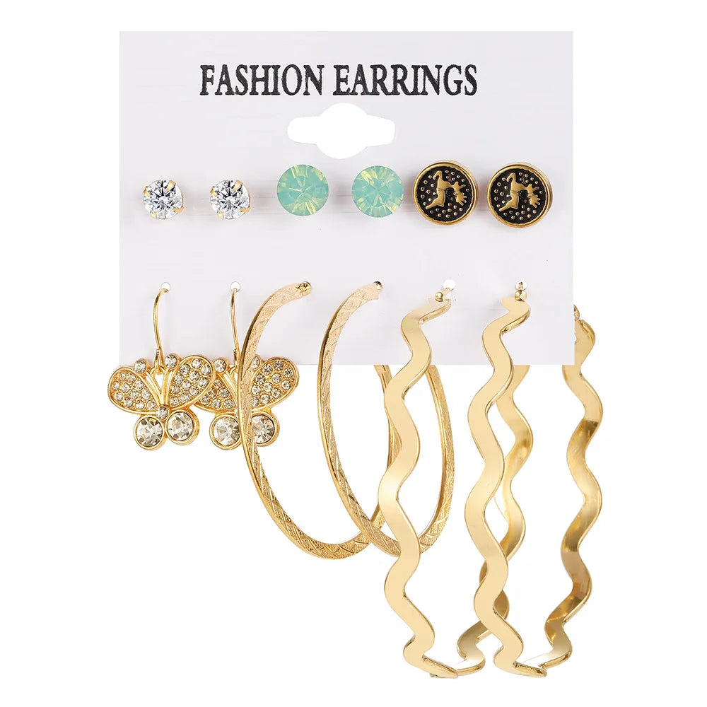 European and American Geometric Stud Butterfly Earrings 6 Pairs /SET Women's Hoop Earrings Exaggerated Earrings Set Wholesale