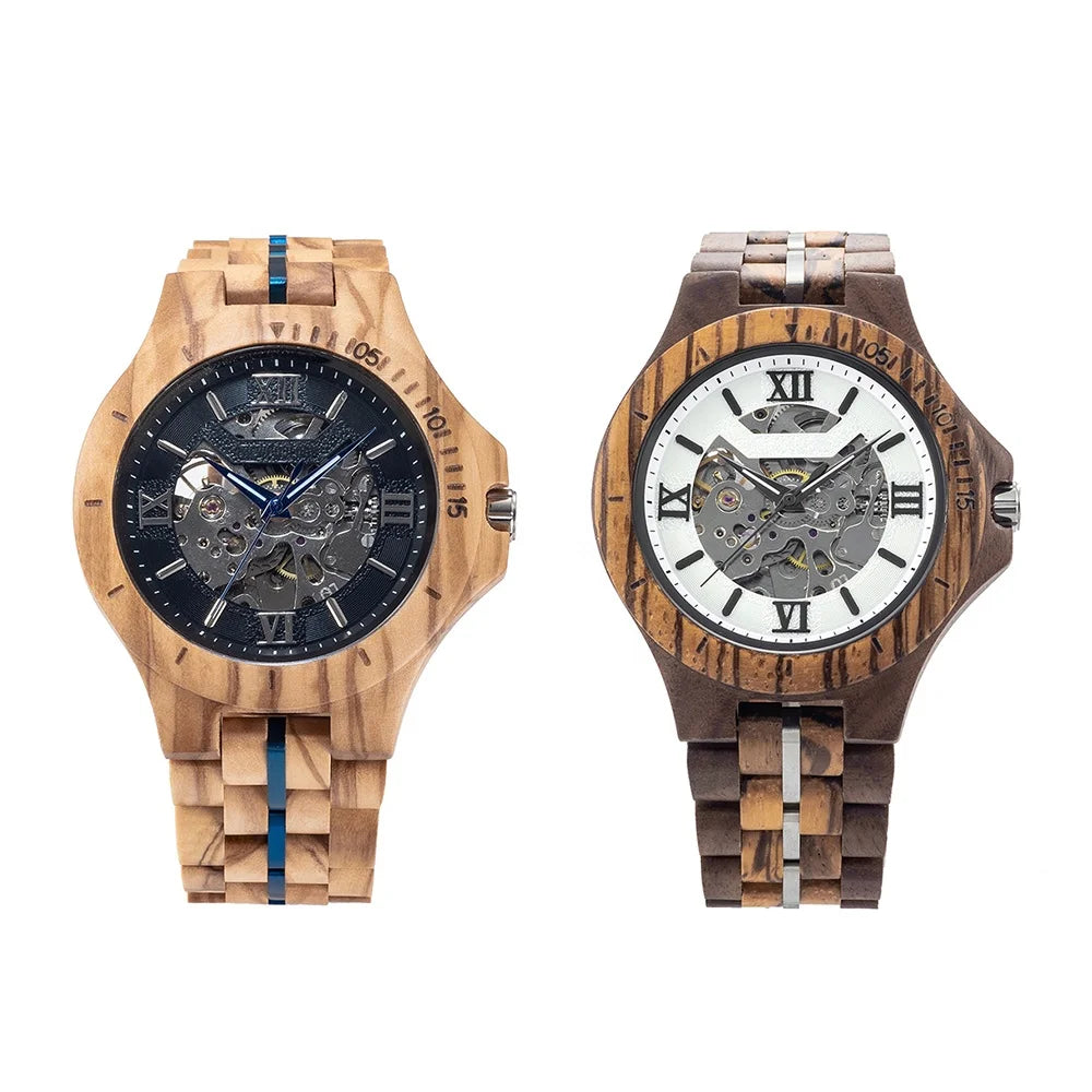 TJW Luxury Men's Olive Wood Mechanical Watch 46mm Round Case Business Style Hollow Feature with Pointer Display