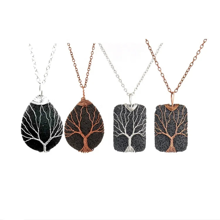 Pendant Necklace Essential Oil Diffuser Jewelry Tree Life Wire Wrapped Stone Square Lava Rock Stone for Women Men