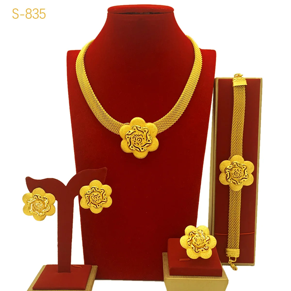 Ethiopian African Wedding Bridal Set Flower Necklace Earring Ring Bracelet Dubai 24K Gold Plated Jewelry Sets