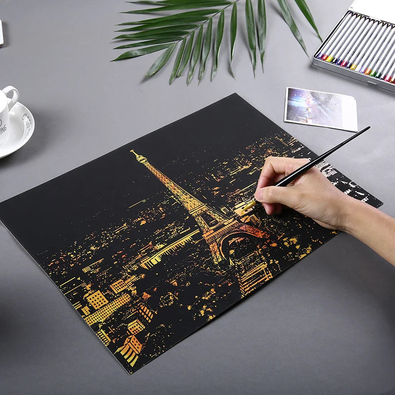 YUELU 16X11.2 Inches  DIY Art Craft City Night Painting Sketch Pads Scratch Painting Rainbow Scratch Drawing for Adults Kids
